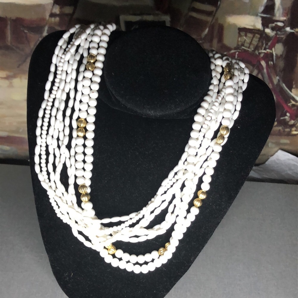 VINTAGE Multi-Strand White and Gold Bead Necklace - Women Jewelry